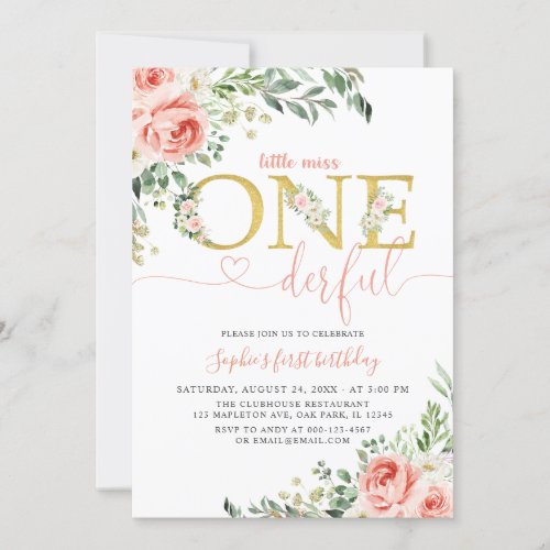 Blush Floral Little Onederful Girl 1st Birthday Invitation