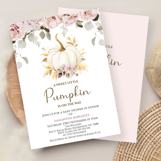 Blush Floral Little Pumpkin Baby Shower  Invitation (Girls Little Pumpkin Baby Shower Invitation, Fall Baby Shower Invitation Girl, Fall Baby Shower )