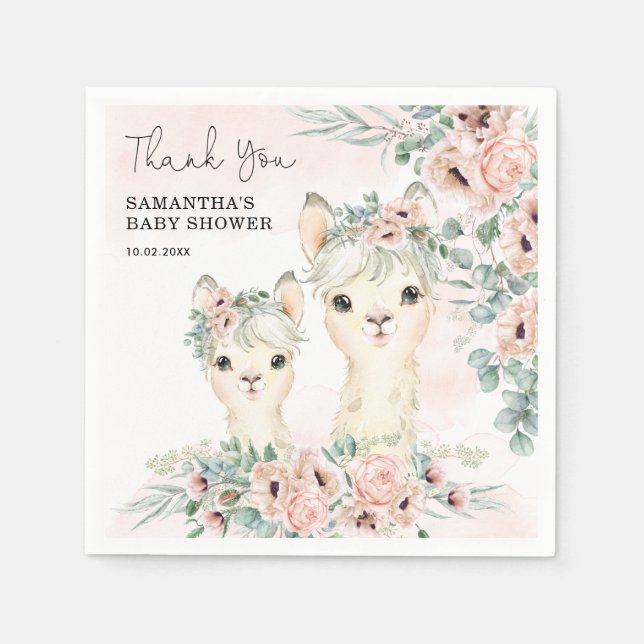 Blush Floral Llama Mama Eucalyptus Baby Shower Napkins (Front)