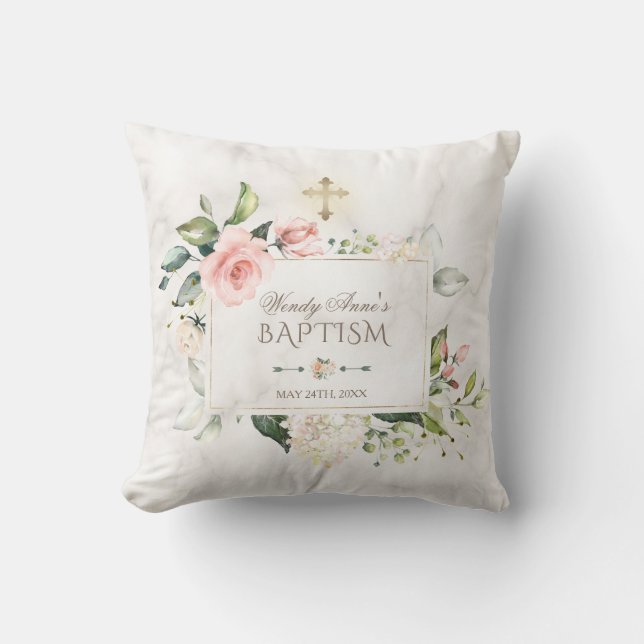Blush Floral Marble Gold Cross Baptism Monogram Throw Pillow (Front)