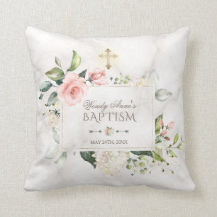 Blush Floral Marble Gold Cross Baptism Monogram Throw Pillow