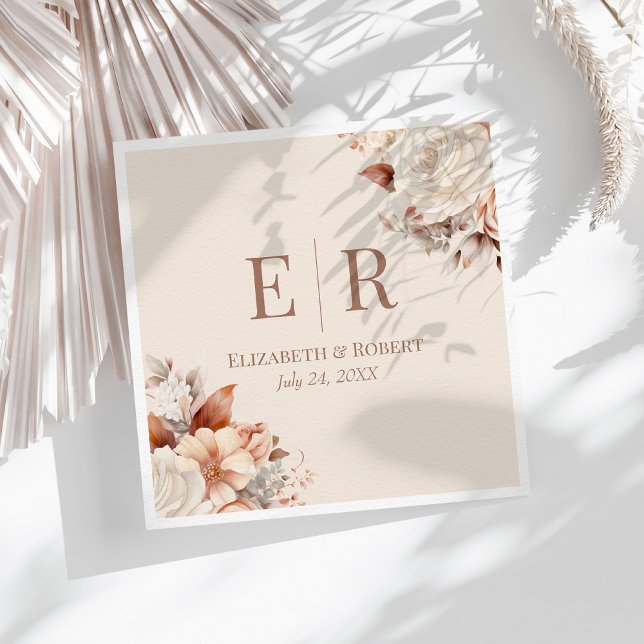 Blush Floral Mocha Mousse Monogram Wedding Napkins (Blush Floral Mocha Mousse Monogram Wedding Napkins on a sunny white boho table.)