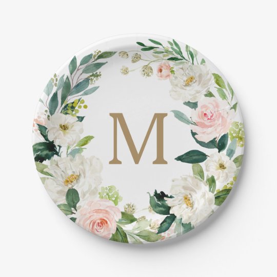Blush Floral Monogram Bridal Shower Paper Plate | Zazzle.com