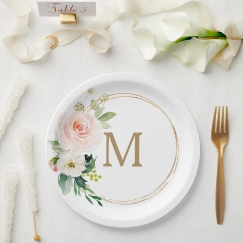 Blush Floral Monogram Bridal Shower Paper Plate