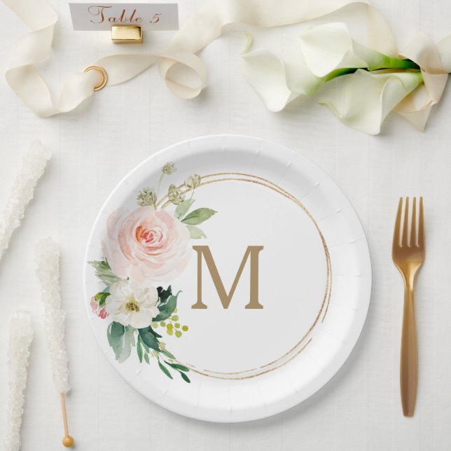 Blush Floral Monogram Bridal Shower Paper Plate (Wedding)