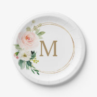 Blush Floral Monogram Bridal Shower Paper Plate