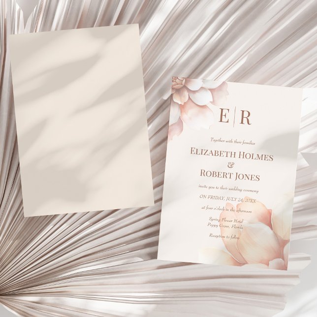 Blush Floral Monogram Wedding Invitation (Modern Blush Pink Mousse Petals Monogram Wedding Invitation on a sunny neutral dry palm leaf.)
