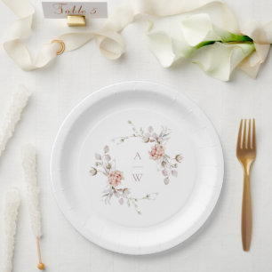 Blush Floral Monogram Wedding Paper Plates 