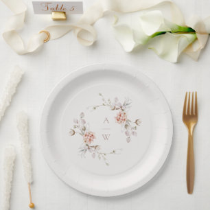 Blush Floral Monogram Wedding Paper Plates