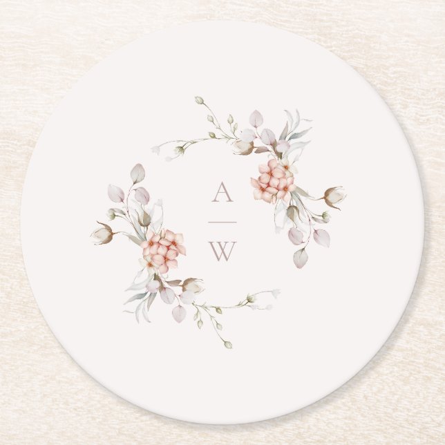 Blush Floral Monogram Wedding Round Paper Coaster (Front)