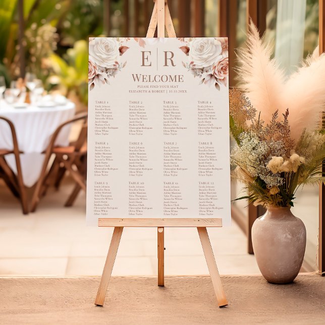 Blush Floral Monogram Wedding Seating Chart Foam Board (Blush Floral Monogram Wedding Seating Chart Foam Board at a sunny entrance of a wedding reception.)