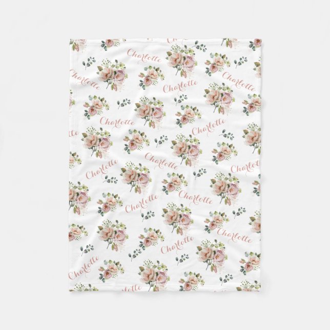 Blush Floral Monogrammed  Fleece Blanket (Front)
