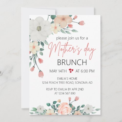 Blush Floral mothers Day Brunch party Invitation