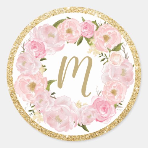 Blush Floral Name Initial Favor Sticker Labels