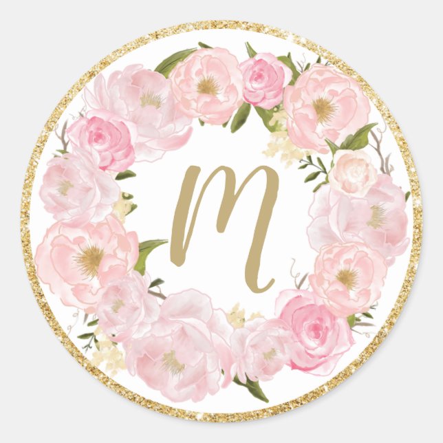 Blush Floral Name Initial Favor Sticker Labels (Front)