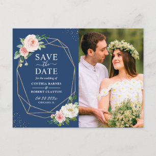 Blush Floral Navy Blue Geo Frame Save the Date Postcard