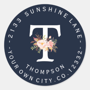 Blush Floral Navy Blue Monogram Address Label