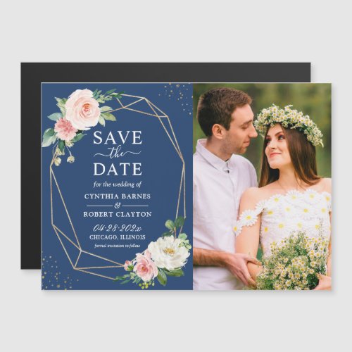 Blush Floral Navy Blue Photo Save the Date Magnet