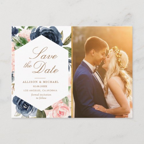 blush floral navy blue photo save the date postcard
