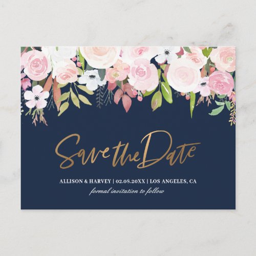 blush floral navy blue save the date postcard