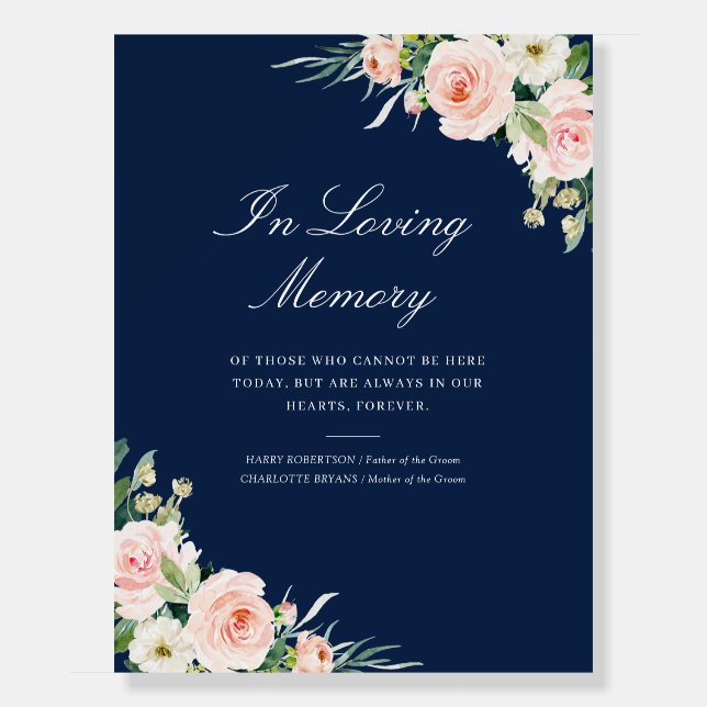 blush floral navy blue wedding memorial sign (Front)