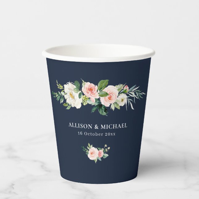 blush floral navy blue wedding paper cups (Front)