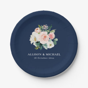 blush floral navy blue wedding paper plates