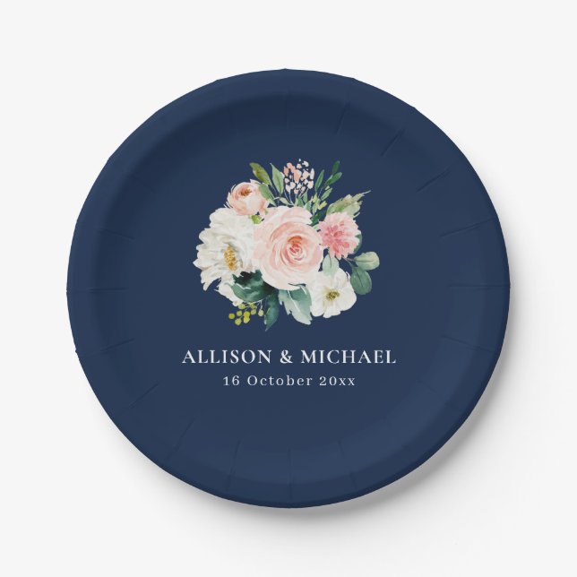 blush floral navy blue wedding paper plates (Front)