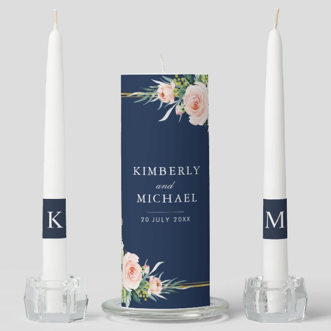 blush floral navy blue wedding unity  unity candle set (Front)