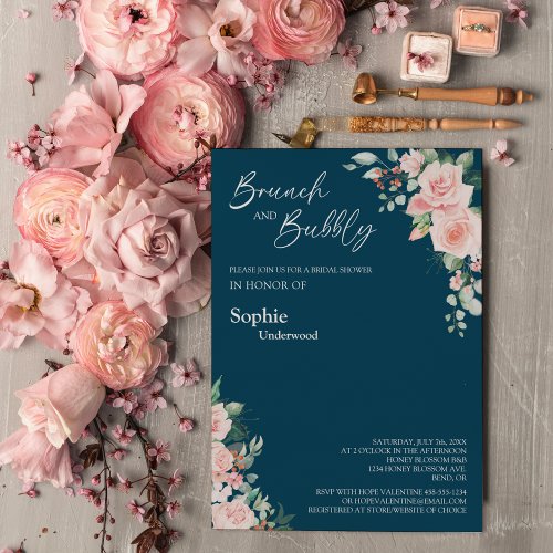Blush Floral Navy Bridal Brunch And Bubbly Invitation