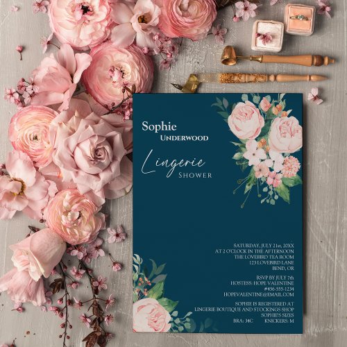Blush Floral Navy Bridal Lingerie Shower Invitation