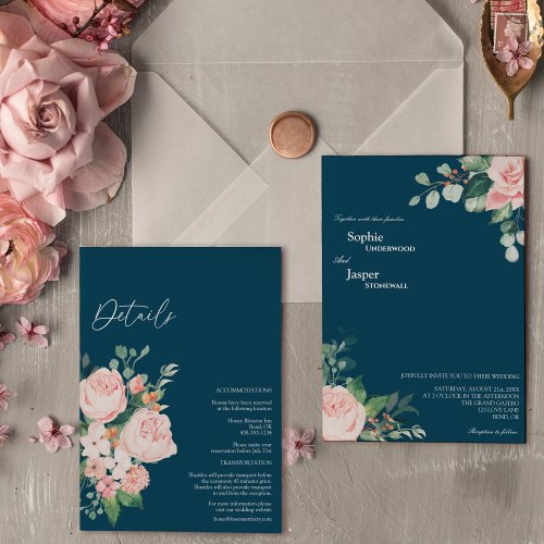 Blush Floral Navy Details All In One Wedding Invitation