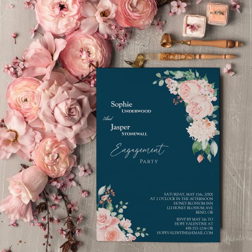 Blush Floral Navy Engagement Party Invitation