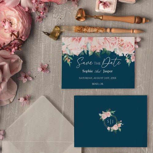 Blush Floral Navy Flat Save The Date Card