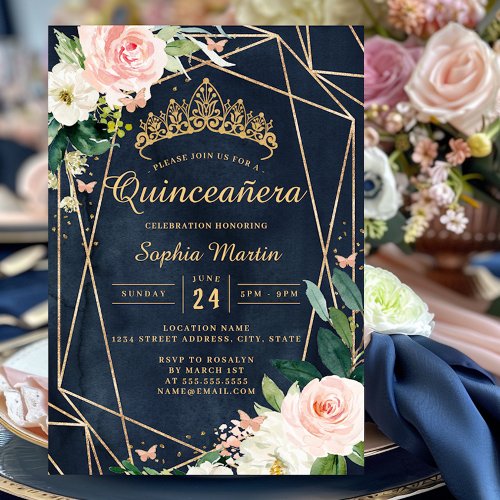 Blush Floral Navy Geometric Butterfly Quinceanera  Invitation