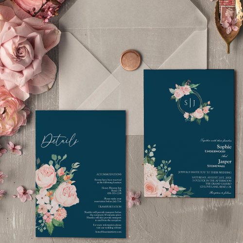 Blush Floral Navy Monogram All In One Wedding Invitation