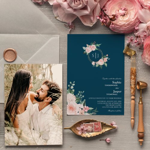 Blush Floral Navy Monogram Photo Wedding Invitation