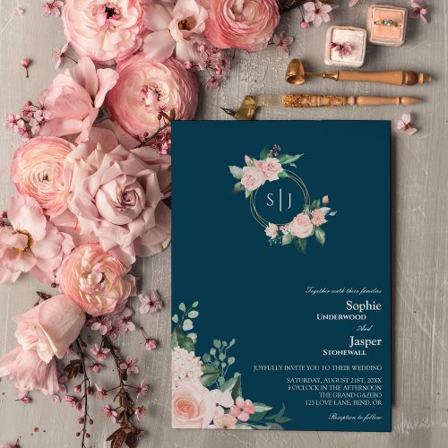 Blush Floral Navy Monogram Wedding Invitation