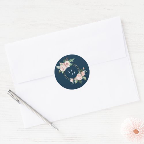 Blush Floral Navy Monogram Wedding Sticker