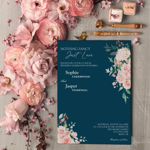 Blush Floral Navy Nothing Fancy Just Love Wedding Invitation