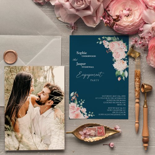 Blush Floral Navy Photo Engagement Party Invitation