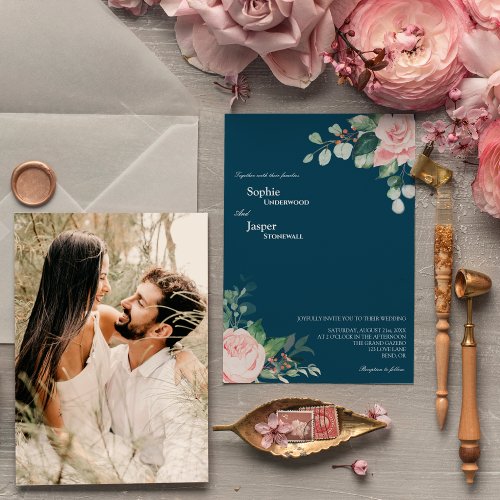 Blush Floral Navy Photo Wedding Invitation