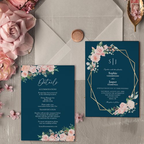 Blush Floral Navy Simple Monogram Details Wedding Invitation