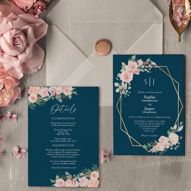Blush Floral Navy Simple Monogram Details Wedding Invitation (Creator Uploaded)