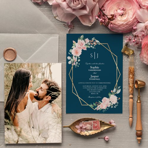 Blush Floral Navy Simple Monogram Photo Wedding Invitation