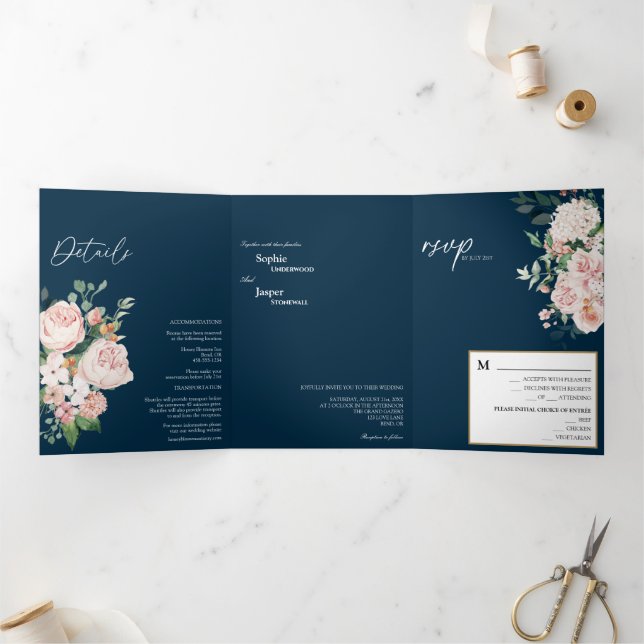 Blush Floral Navy Tri-Fold Wedding Invitation (Inside)
