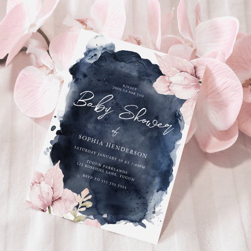 Blush Floral  Navy Watercolor Splash Baby Shower Invitation