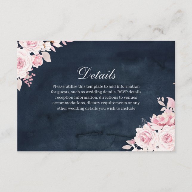 Blush Floral Navy Watercolor Wedding Details Enclosure Card (Front)