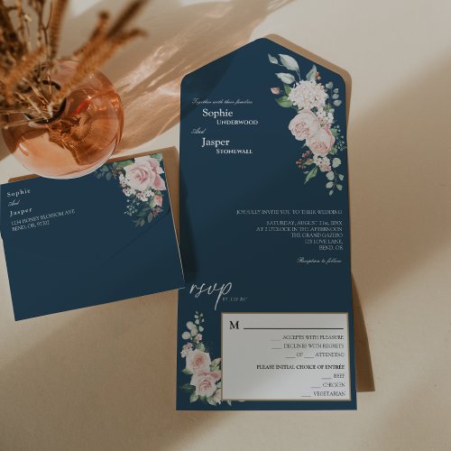 Blush Floral Navy Wedding All In One Invitation