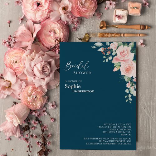 Blush Floral Navy Wedding Bridal Shower Invitation